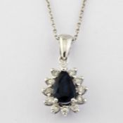 14K White Gold Cluster Pendant Natural Sapphire and Diamond