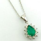 14K White Gold Cluster Pendant. Natural Emerald and Diamonds