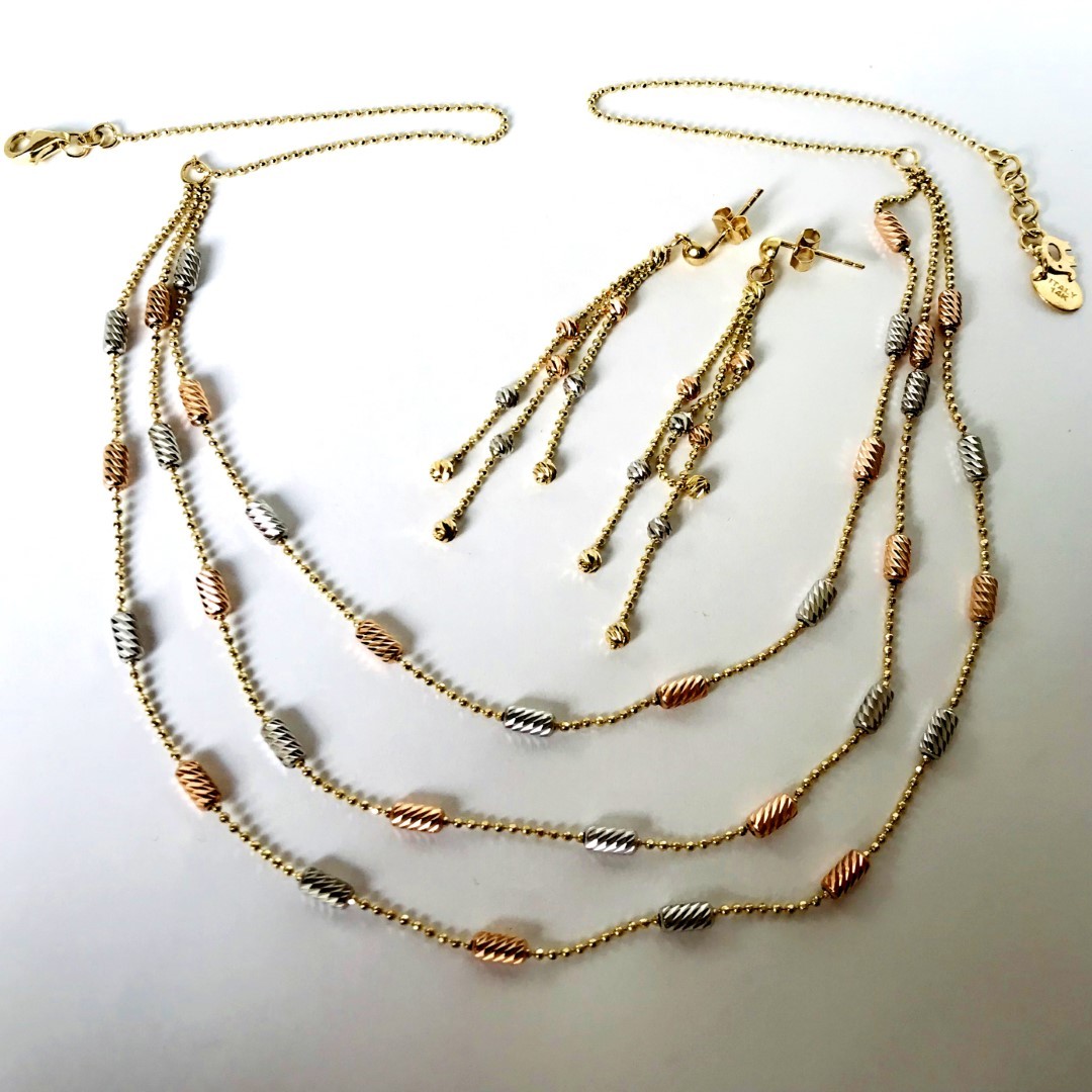 Italian Dorica Beads Earring and Necklace set In 14K Tri Colour White Yellow and Rosegold - Image 9 of 10