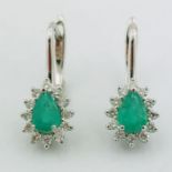14K White Gold Cluster Earring Natural Emerald & Diamond