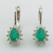 14K White Gold Cluster Earring Natural Emerald & Diamond