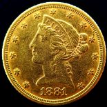 United States 5 Dollar 1881 'Liberty / Coronet Head - Half Eagle'. Gold
