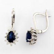 14K White Gold Cluster Earring Natural Sapphire and Diamond