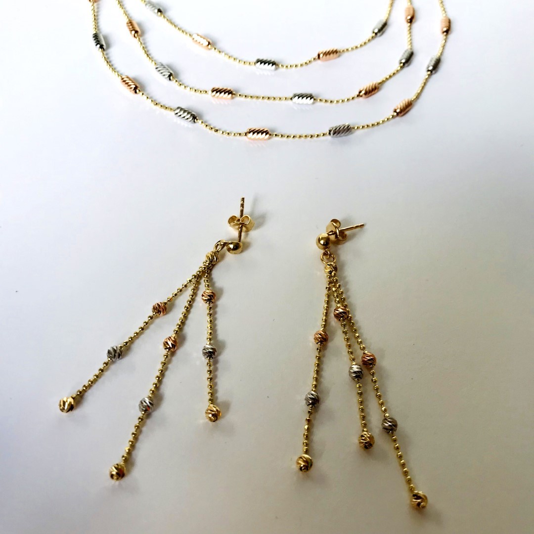 Italian Dorica Beads Earring and Necklace set In 14K Tri Colour White Yellow and Rosegold - Image 10 of 10