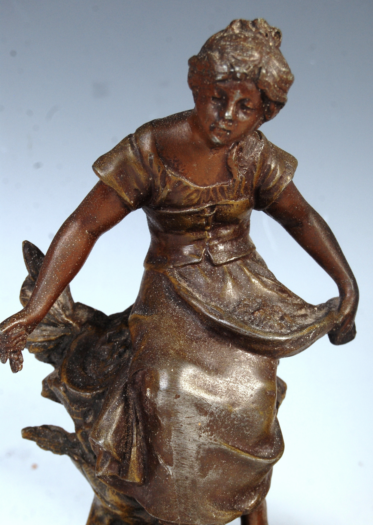 Pair of painted bronzed spelter figures entitled fermiere and bonne peche - Image 3 of 8