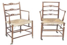 Pair of Georgian ladder back armchairs with rush seats and casters