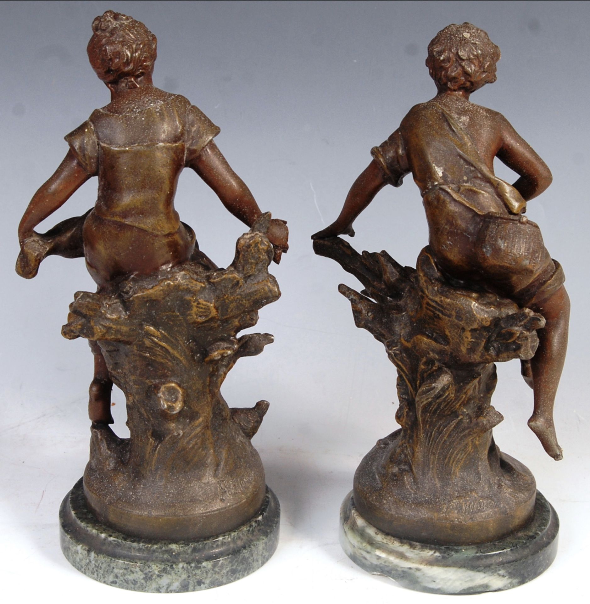 Pair of painted bronzed spelter figures entitled fermiere and bonne peche - Image 7 of 8