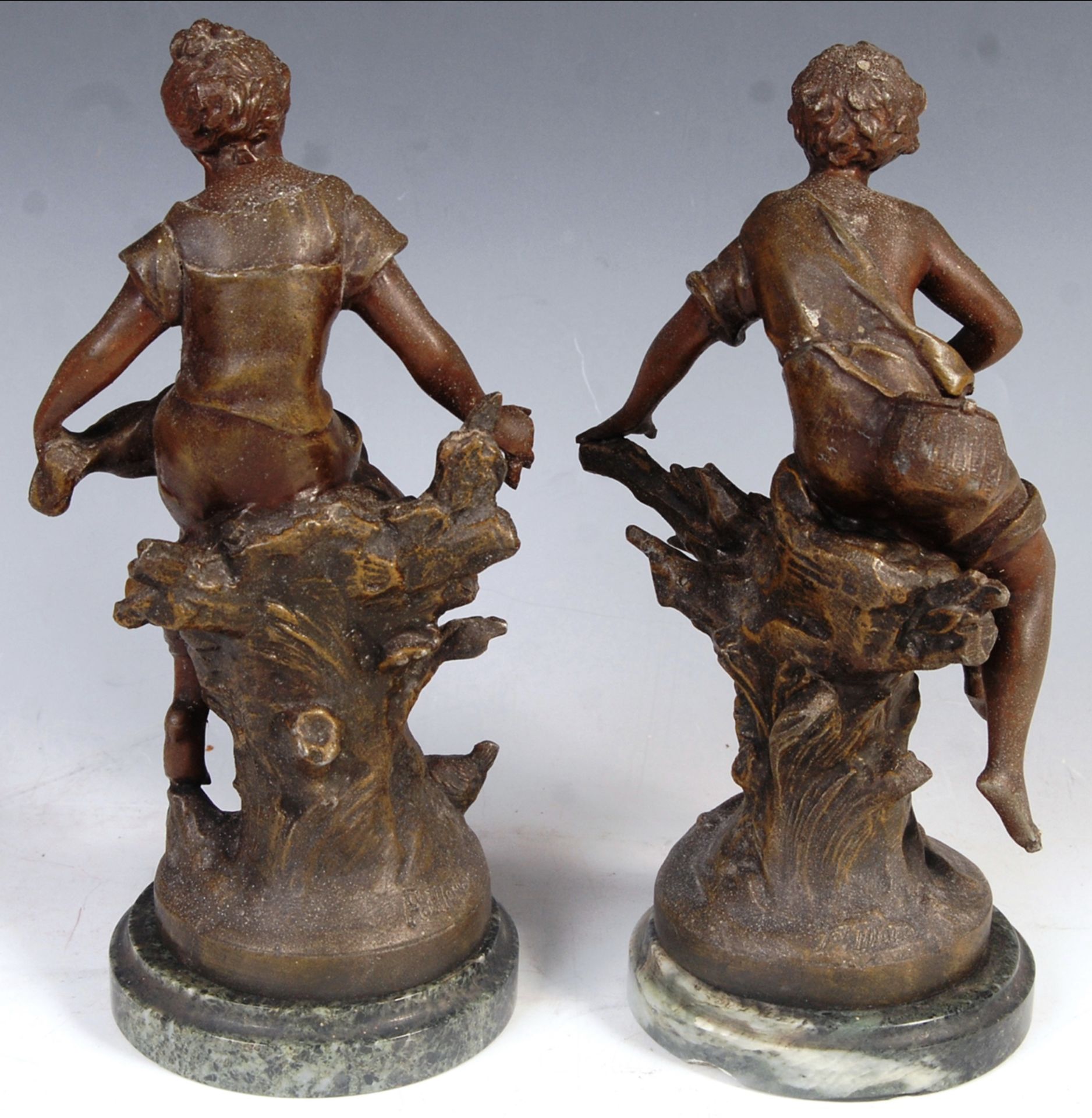 Pair of painted bronzed spelter figures entitled fermiere and bonne peche - Image 2 of 8