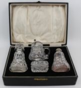 Cased John Walsh Crystal & Silver Cruet Set 1925