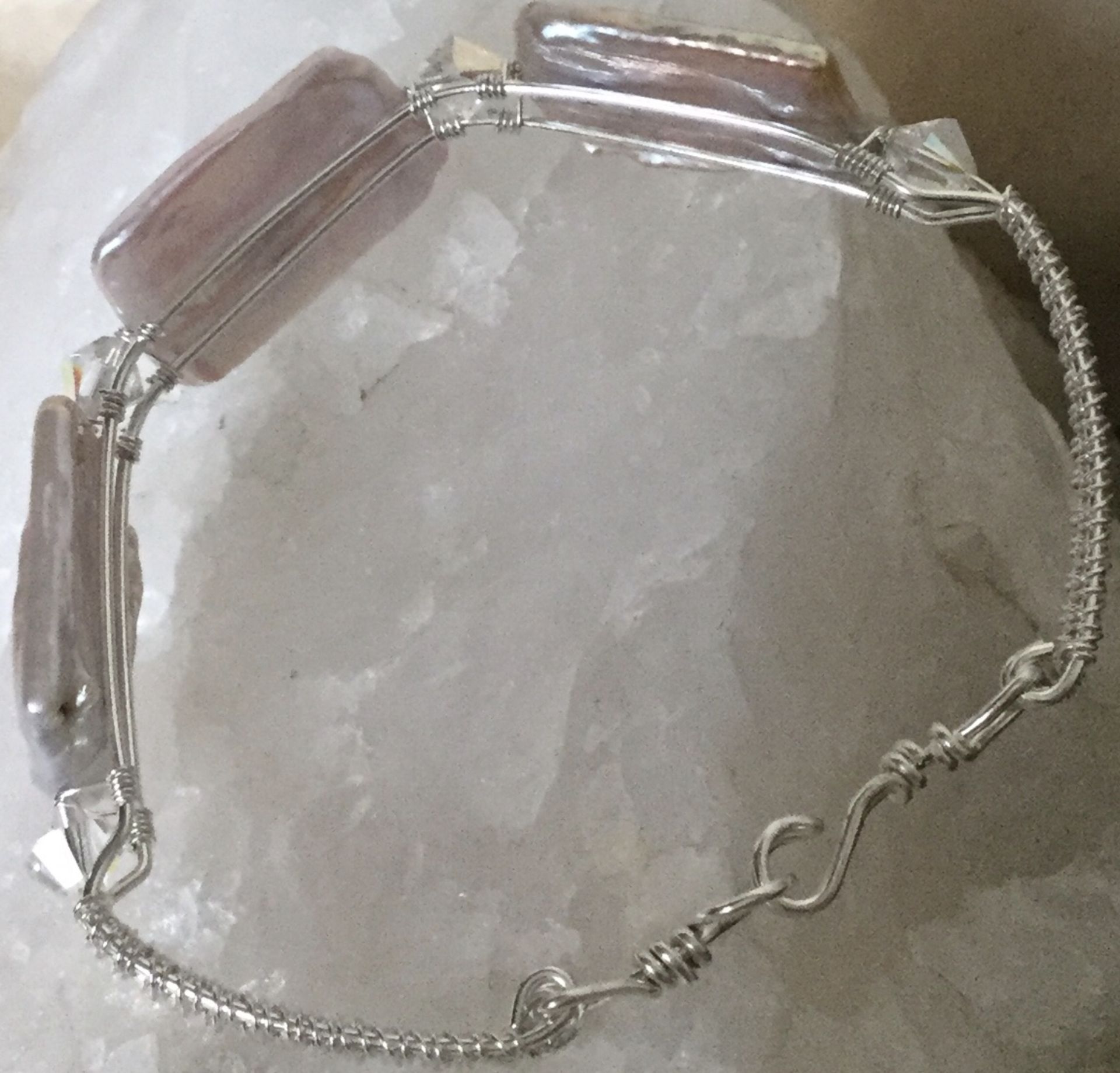 Lge Rectangle Metalic Freshwater Cultured Pearls Swarovski Éléments Bangle Bracelet 925 Silver - Image 3 of 4