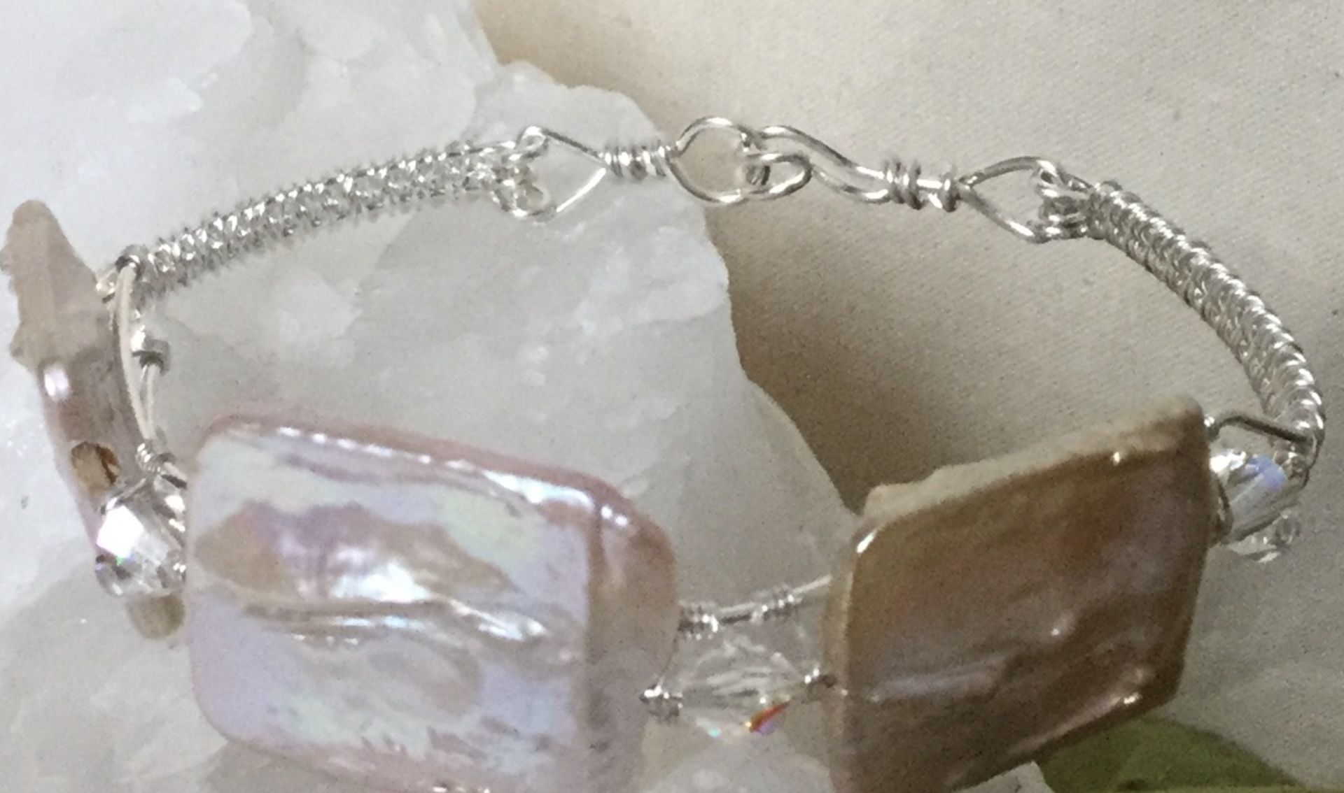 Lge Rectangle Metalic Freshwater Cultured Pearls Swarovski Éléments Bangle Bracelet 925 Silver