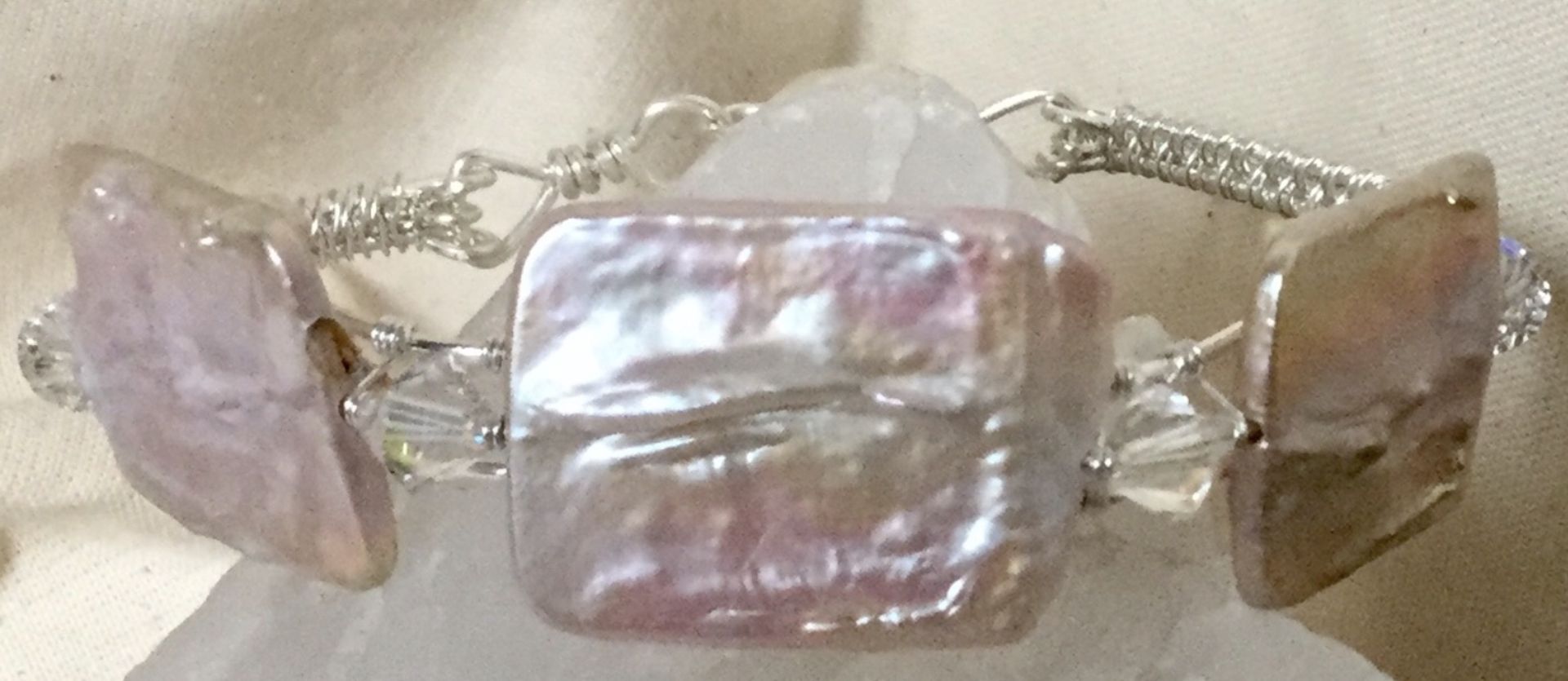 Lge Rectangle Metalic Freshwater Cultured Pearls Swarovski Éléments Bangle Bracelet 925 Silver - Image 2 of 4