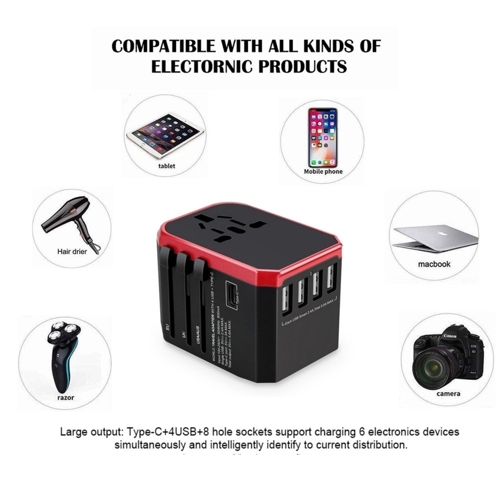 Worldwide Travel Adapter Plug Fast Charger 1Type-C 4 USB Ports UK - Image 8 of 8