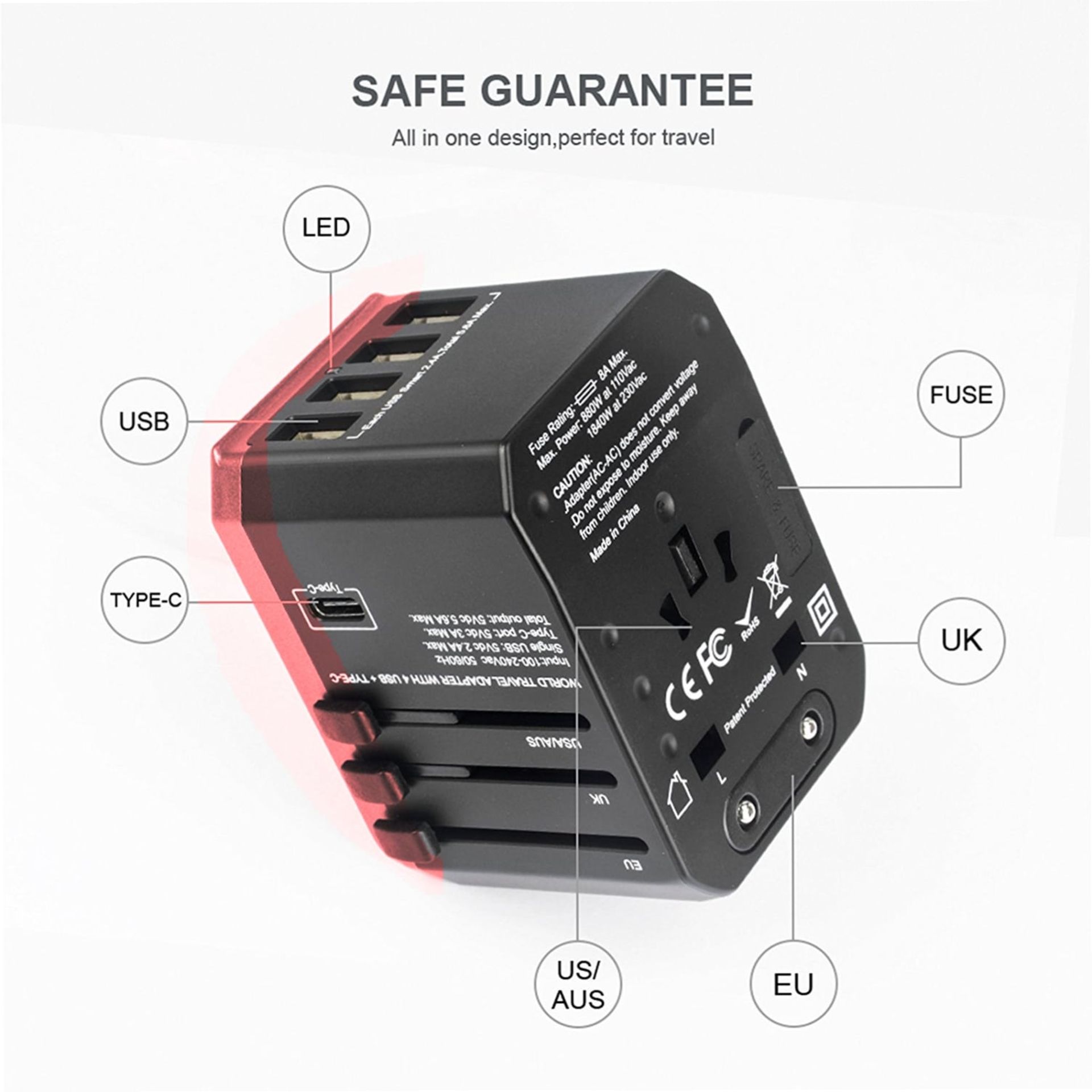 Worldwide Travel Adapter Plug Fast Charger 1Type-C 4 USB Ports UK - Image 3 of 8