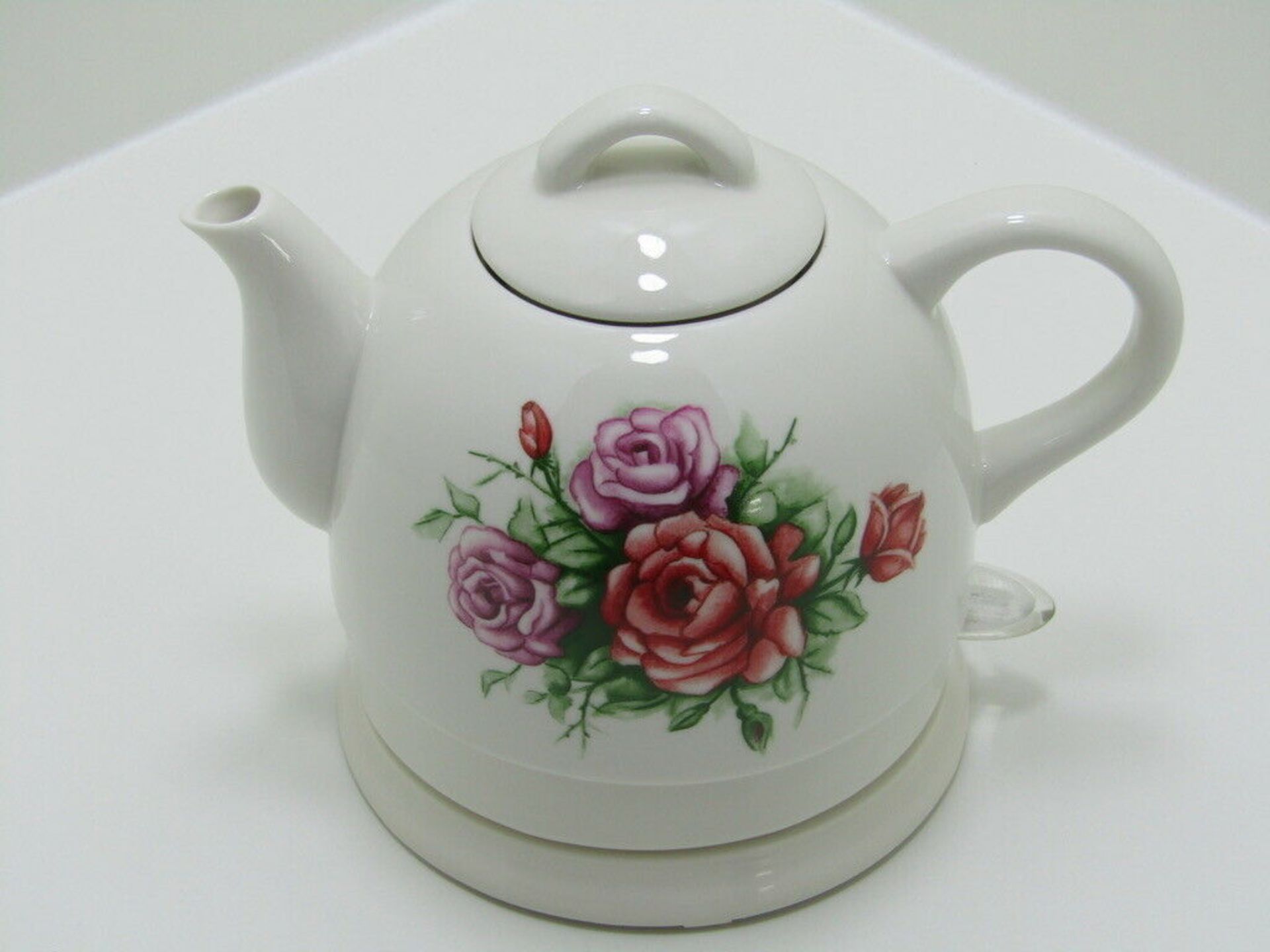 Country Rose Ceramic Kettle. White. Cordless. Tea Pot design. VJ905