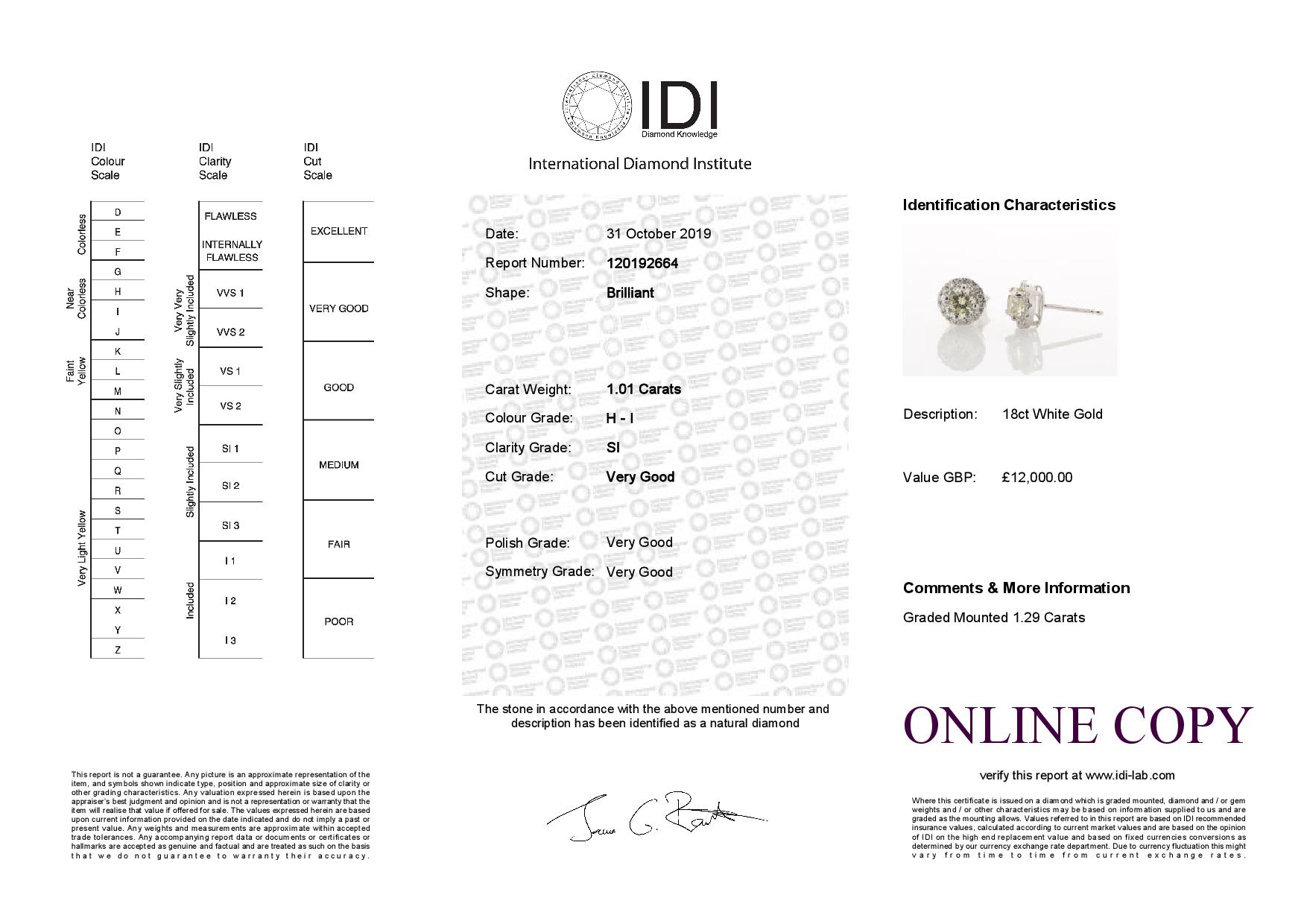 18ct White Gold Single Stone With Halo Setting Earring (1.01) 1.29 Carats - Image 3 of 3