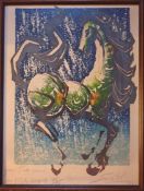 Vintage Art Wood Block Print Green Jade Horse Signed Ja Piro 1965