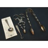 Vintage Parcel of Sterling Silver Sugar Nips, Spoon & Button Hook