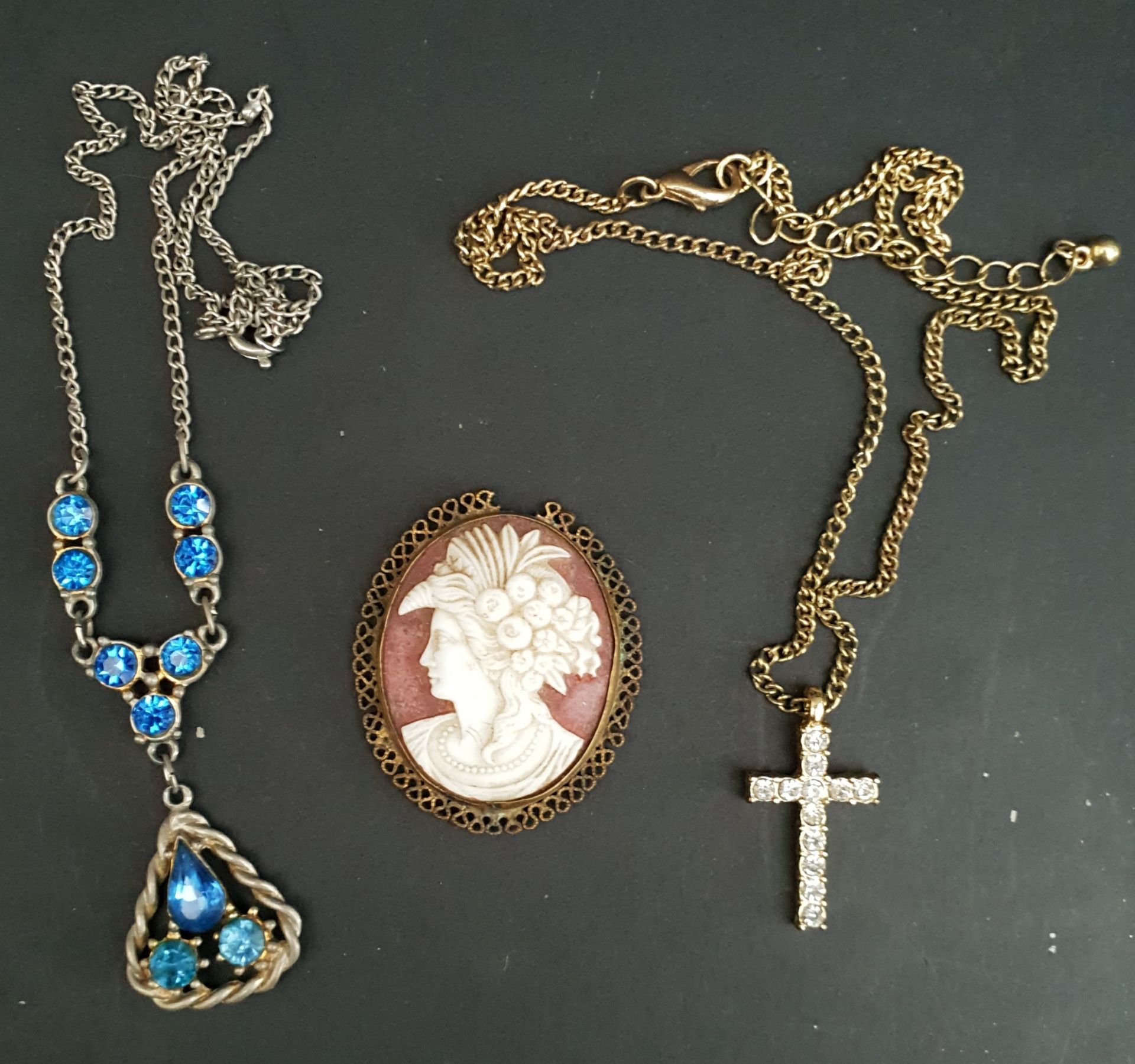 Costume Jewellery Blue Stone Pendant Cameo and Cross