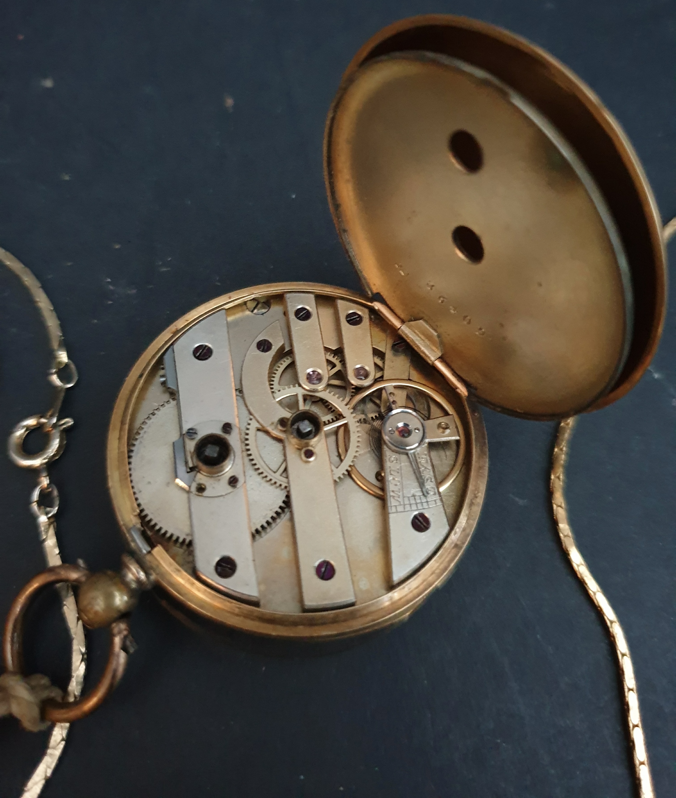Antique Gold Coloured Metal Pocket Watch & Two Chains - Image 4 of 4