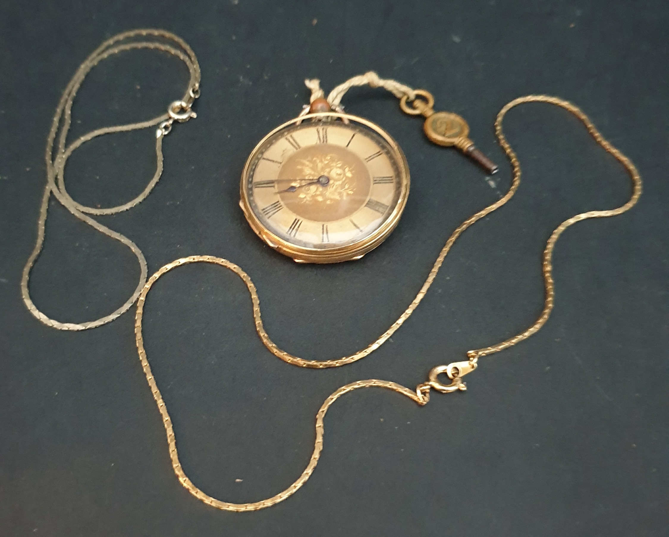 Antique Gold Coloured Metal Pocket Watch & Two Chains