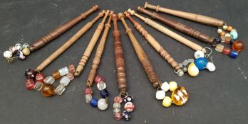 Antique Vintage 10 x Lace Bobbins With Glass Weights Includes Bone Bobbin