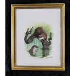 Set of Four Framed prints of wildlife by Peter H Holmes Otters Foxes Badgers Squirrels