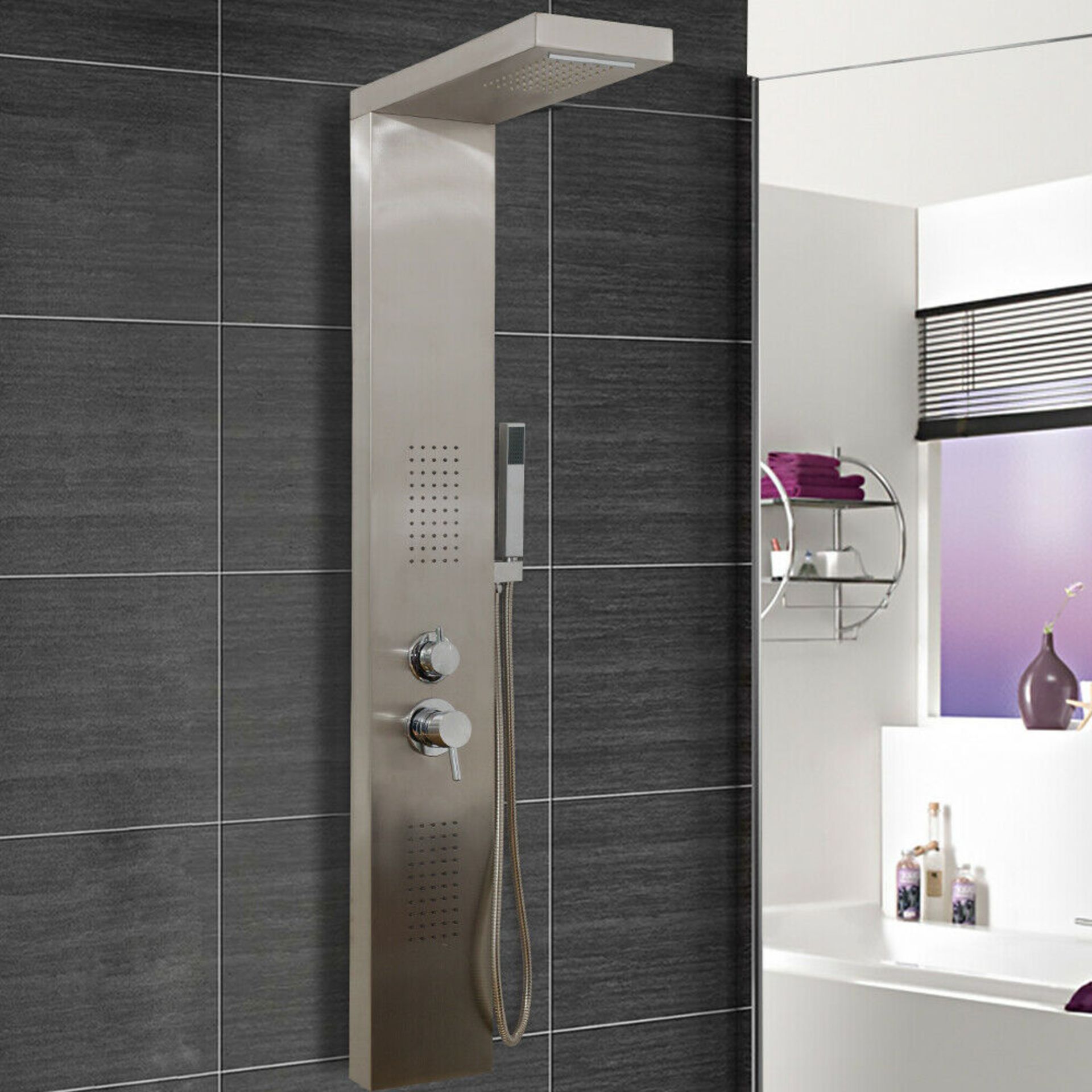 (UR122) Chrome Modern Bathroom Shower Column Tower Panel System With Hand held Massage Jets. ... - Image 2 of 2