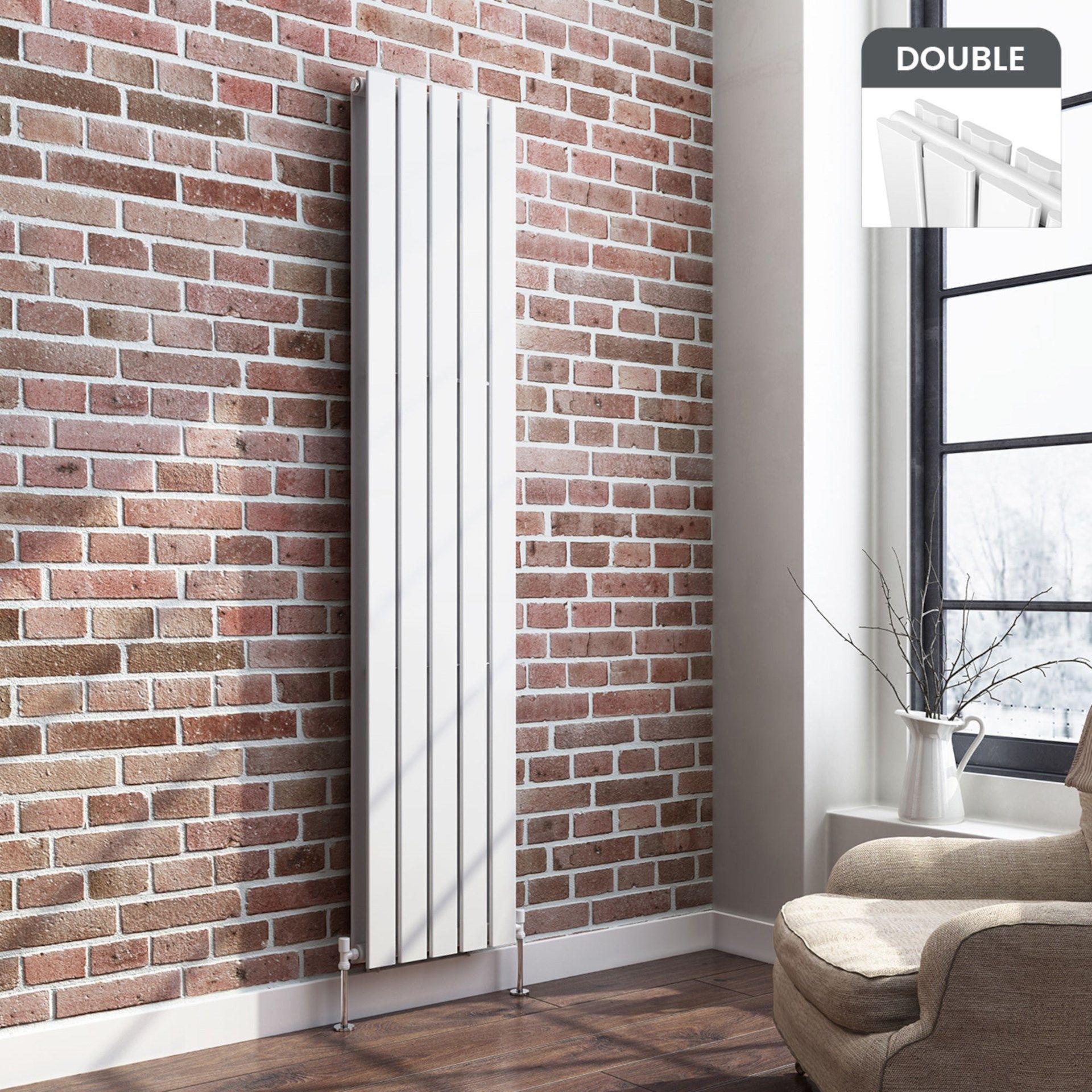 1600x480mm Gloss White Double Flat Panel Vertical Radiator. RRP £449.99.Made with low carbon s...