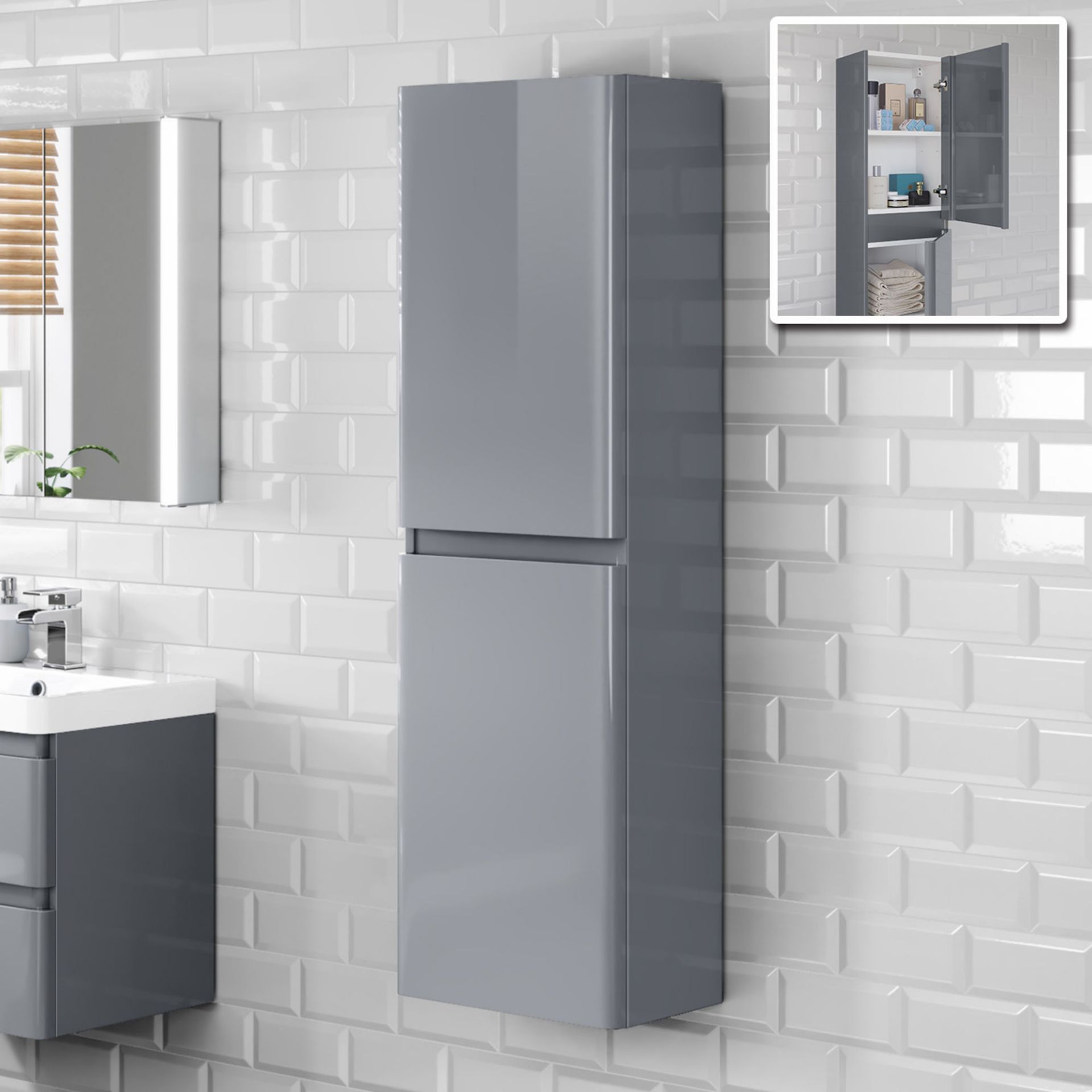 (RR3) 1400mm Denver Gloss Grey Tall Wall Hung Storage Cabinet - Wall Hung. RRP £399.99. Great ...((