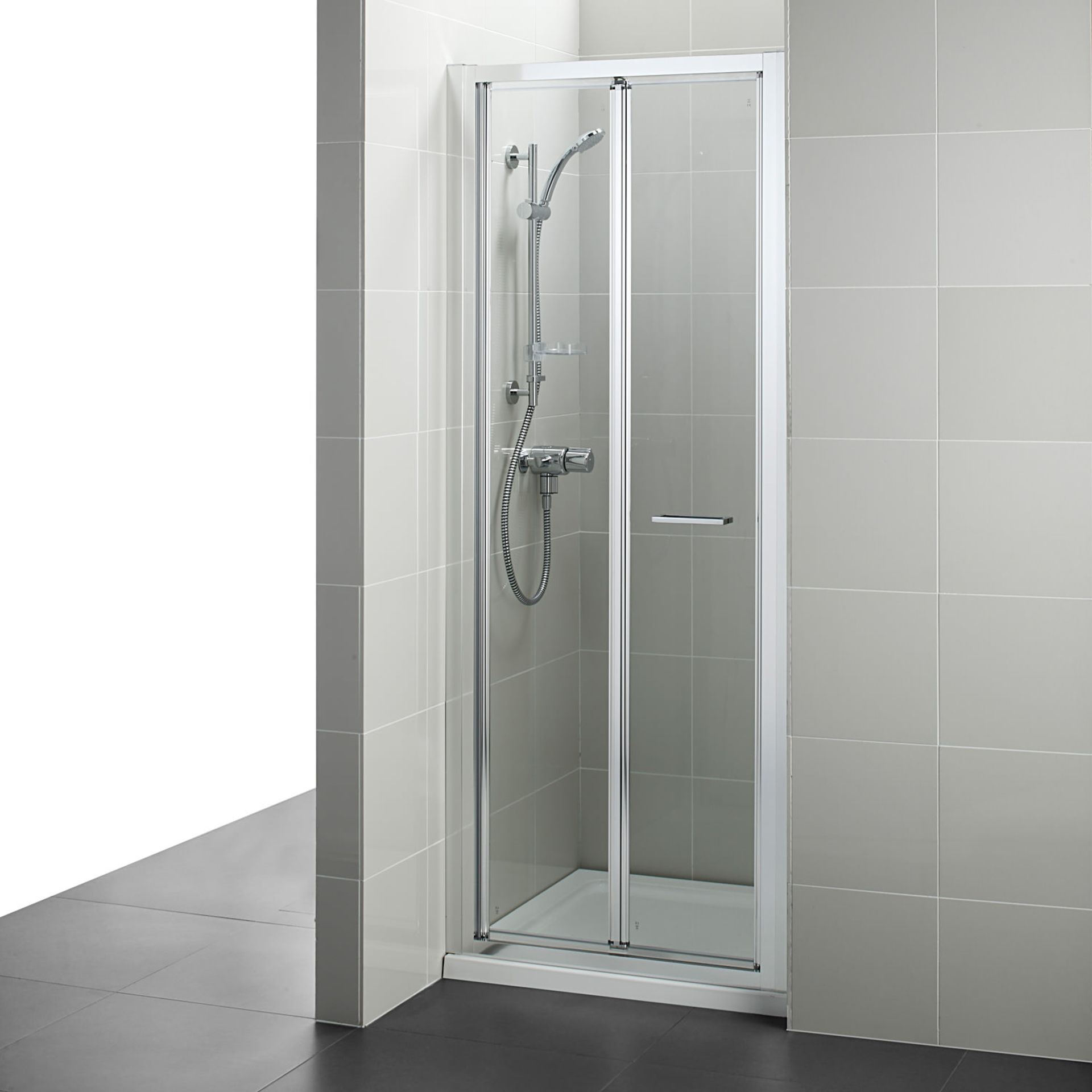 (RR112) 760mm White Bi-Fold door. RRP £299.99. Folding shower doors are great for showers with...((