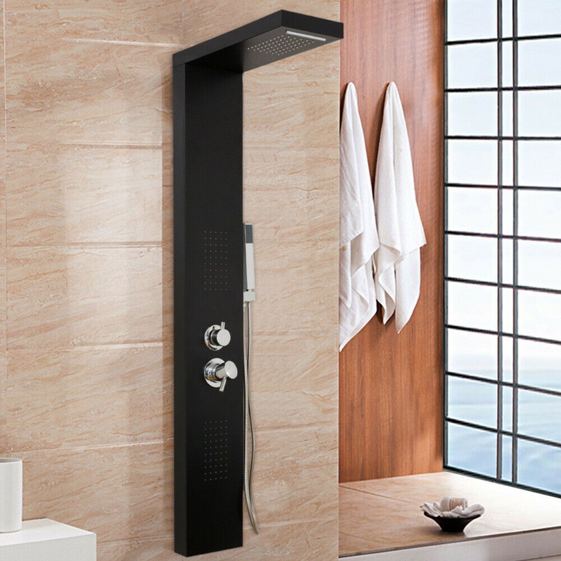 (DE5) Black Square Modern Bathroom Shower Column Tower Panel System With Hand Held & Massage Je...
