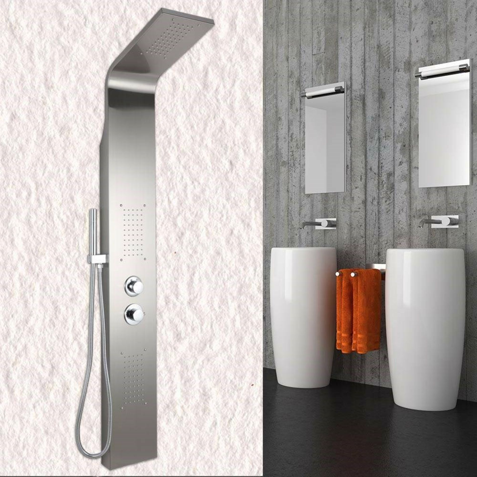 (DE41) Chrome Modern Bathroom Shower Column Tower Panel System With Hand held Massage Jets. RRP...