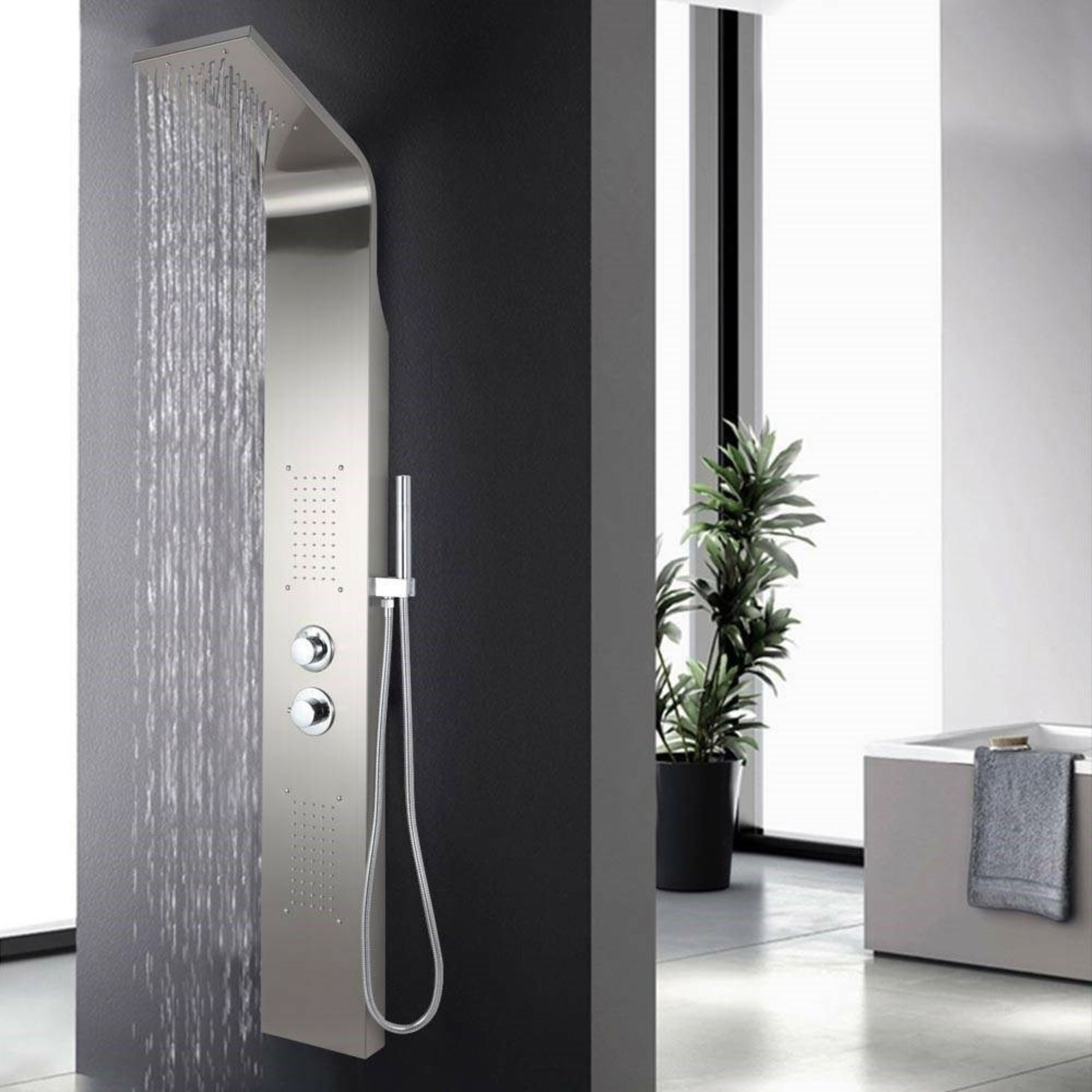 (DE10) Chrome Modern Bathroom Shower Column Tower Panel System With Hand held Massage Jets. RRP...