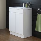 (CP69) 600mm Trent Gloss White Sink Cabinet - Floor Standing. COMES COMPLETE WITH BASIN Includ...