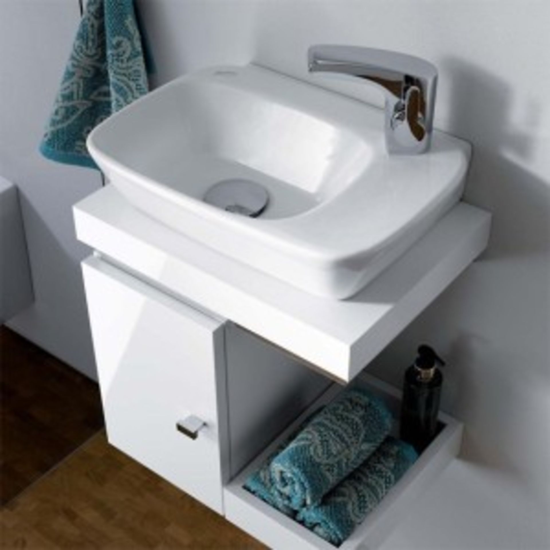 (QR38) Keramag Silk White Hand rinse Basin Vanity Unit with Storage. RRP £1,199.99.Comes compl...