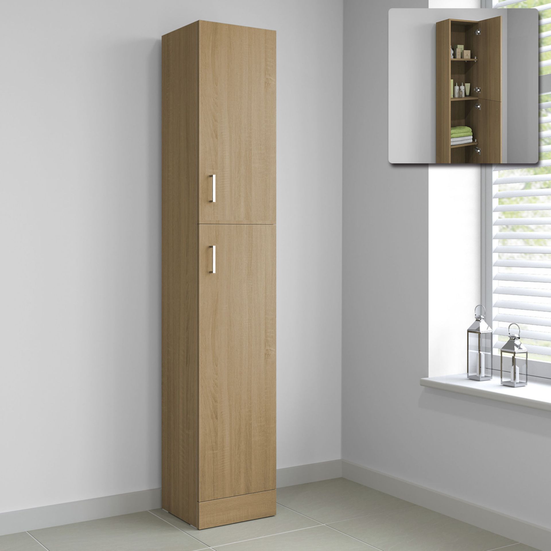 (QP157) 1900x300mm Oak Effect Tall Storage Cabinet - Floor Standing. Left Hand RRP £299.(QP157)