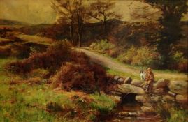 Large landscape oil painting of child fishing with his dog by Chisholm Cole 1871-1902