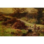 Large landscape oil painting of child fishing with his dog by Chisholm Cole 1871-1902