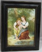 Victorian Painting on Porcelain Set in Ebonized Gilt Frame