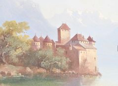 C19th oil on board of the chateau de chillon on the shores of lake geneva