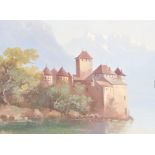 C19th oil on board of the chateau de chillon on the shores of lake geneva