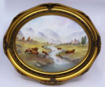 Grazing Highland Cattle Oval Porcelain Plaque by M.Powell