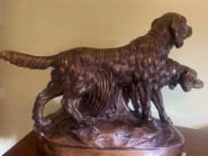 Bronze statue of two setter dogs, French with foundry mark