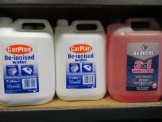 8 X ITEMS TO INCLUDE 4 X CARPLAN DE-IONISED WATER 5 LITRE AND 4 X BLUECOL 3 IN 1 WINTER 5LITRE....