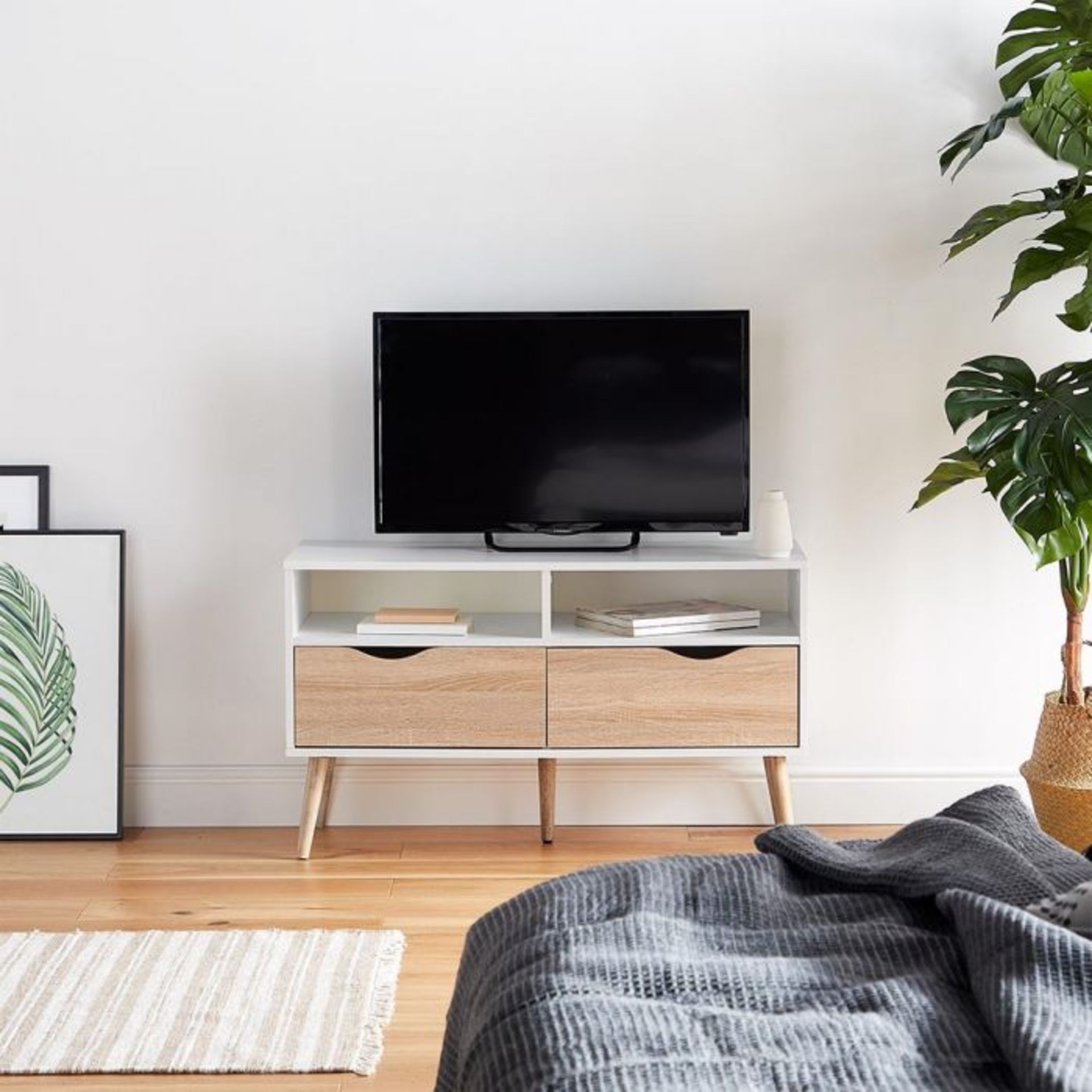 (V12) White & Oak Small TV Unit Split front features a 2 shelves and 2 drawers. Plenty of stor...