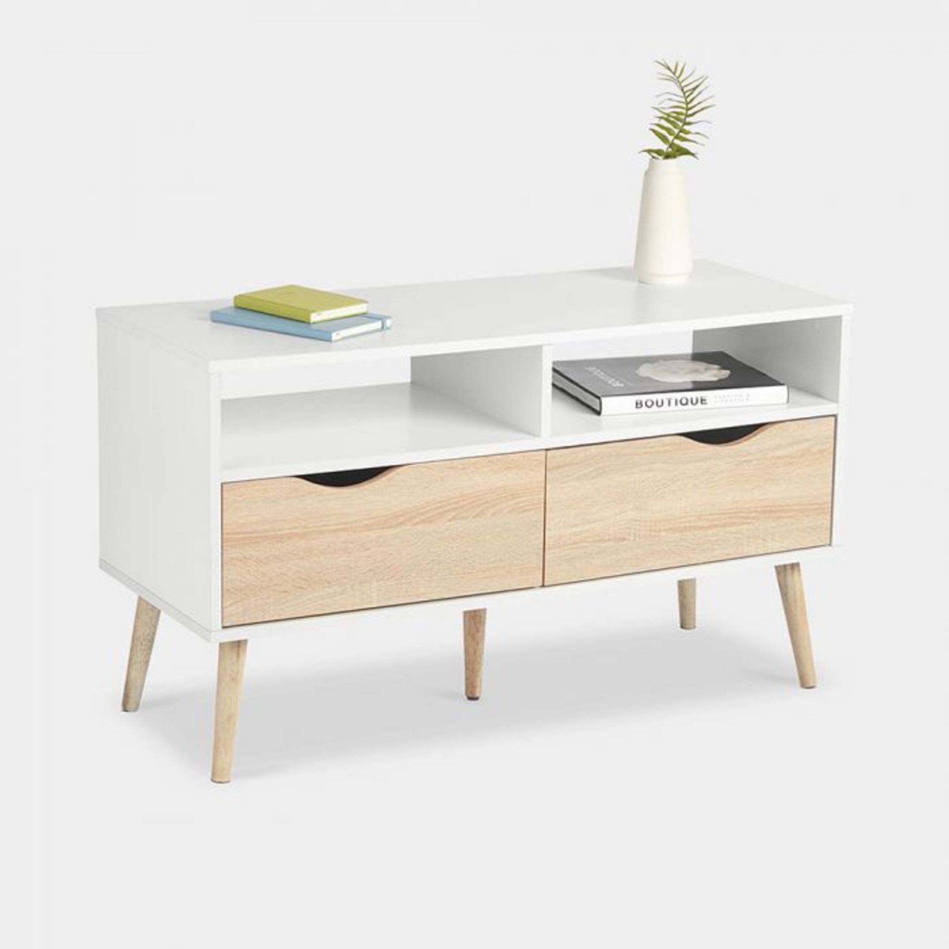 (V12) White & Oak Small TV Unit Split front features a 2 shelves and 2 drawers. Plenty of stor... - Image 2 of 4