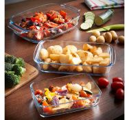 (KG17) 3pc Glass Roasting Dish Set. Comprises 0.9L, 1.6L and 2.9L dishes Perfect for cooking, ...