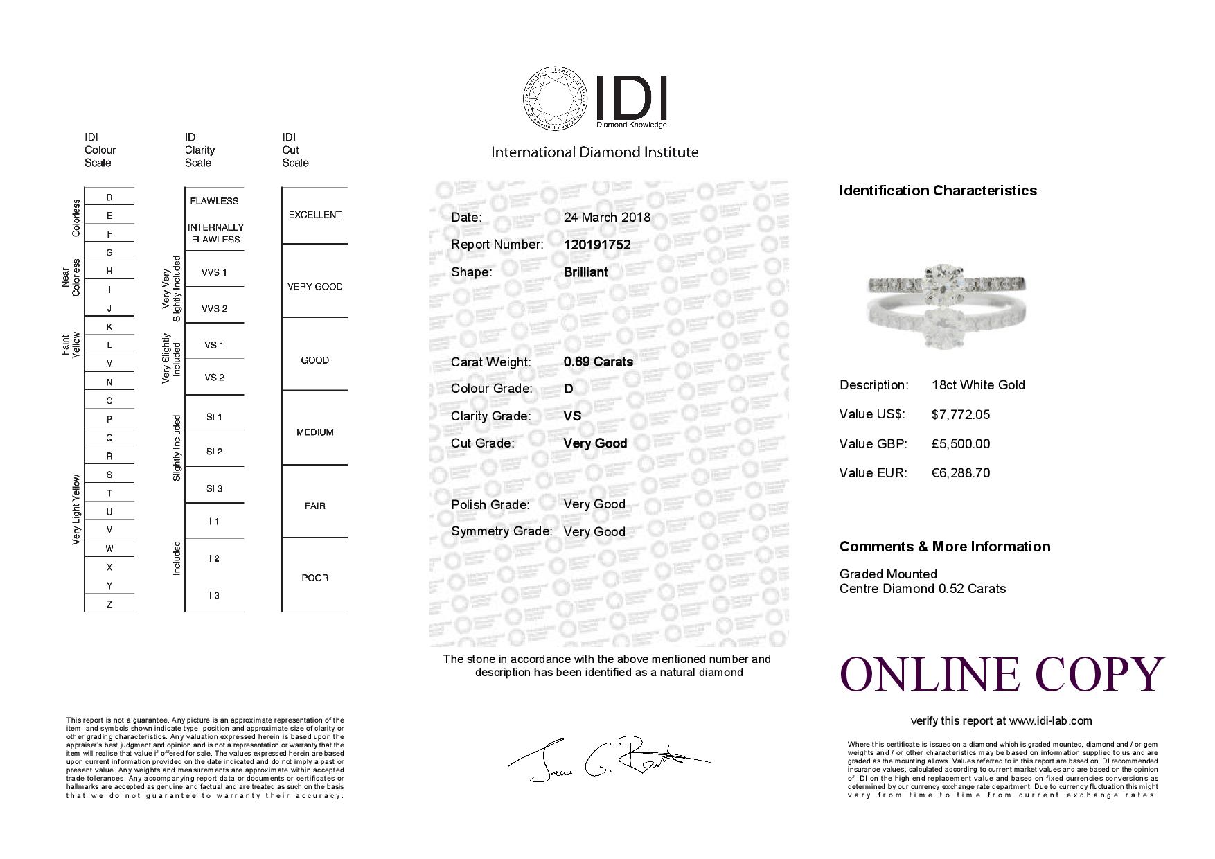 18ct Single Stone Claw Set With Stone Set Shoulders Diamond Ring (0.52) 0.69 Carats - Image 5 of 5