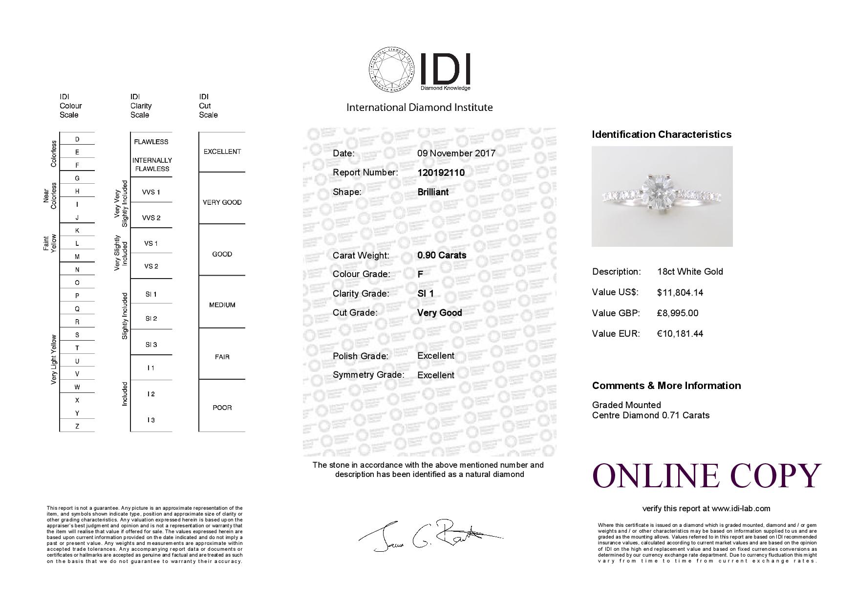 18ct White Gold Solitaire Diamond ring With Stone Set Shoulders (0.71) 0.90 Carats - Image 5 of 5